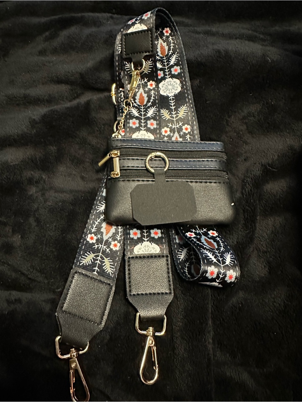 Crossbody Strap Bag with Floral Webbing - Black